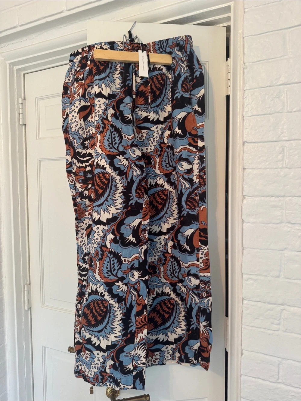 Linen Wide Leg Floral Print Pants in Blue and Brown.